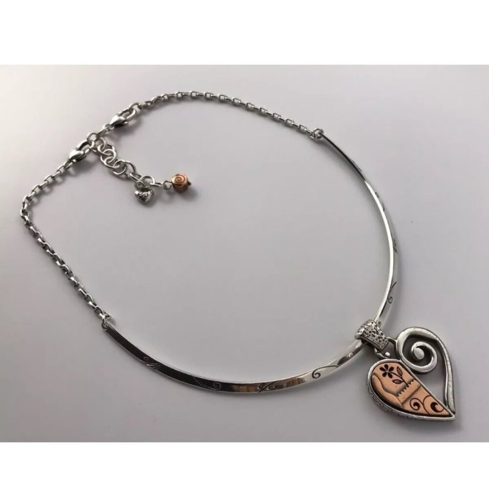 Brighton Silver & Copper Reversible Heart Pendant Necklace Adjustable Chain #554